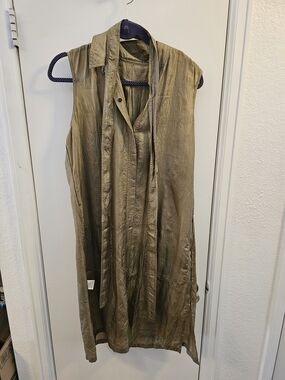 Pure DKNY Silk Sleeveless Metallic Olive Long Duster Vest